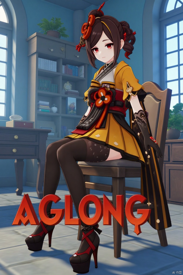 A Genshin Impact female character with waist-length hair, red eyes, and red hair accessories. She wears a traditional and modern fusion outfit, including black tights, a red and gold sash, high-heeled platform shoes, and a yellow and white top. She is sitting on a wooden chair in an indoor office-like setting with blue walls and bookshelves in the background. The scene features cinematic lighting, high contrast, and sharp focus, with a dynamic composition. A detailed background includes a movie poster with three-dimensional text AGlong in the middle below, enhancing the dramatic atmosphere.