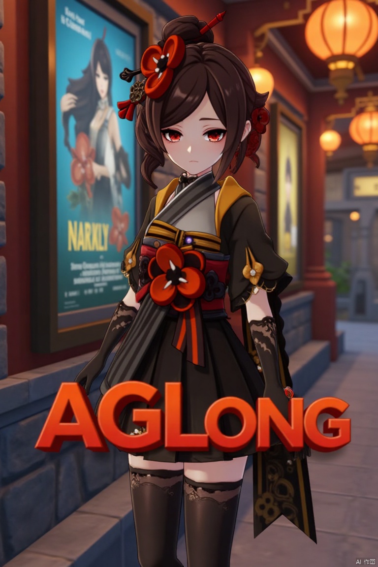 A solo girl in a kimono, looking at the viewer with red eyes and brown hair featuring a flower ornament. She stands with one hand on her hip, wearing thigh-highs and black gloves. The scene is set at night, with cinematic lighting creating high contrast and sharp focus. The background is detailed, featuring a movie poster with three-dimensional text AGlong in the middle below. The composition is dynamic, emphasizing a dramatic atmosphere.