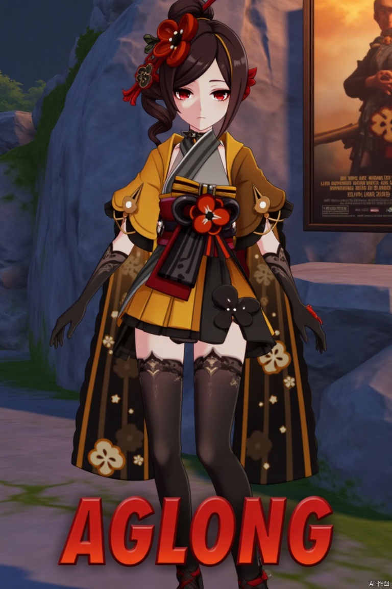 A solo girl in a kimono, looking directly at the viewer with red eyes and brown hair adorned with a flower. She stands with one hand on her hip, wearing thigh-highs and black gloves. The scene is set at night, with cinematic lighting casting high contrast shadows. A detailed background features a movie poster with three-dimensional text AGlong in the middle below. The composition is dynamic, emphasizing a dramatic atmosphere with sharp focus.