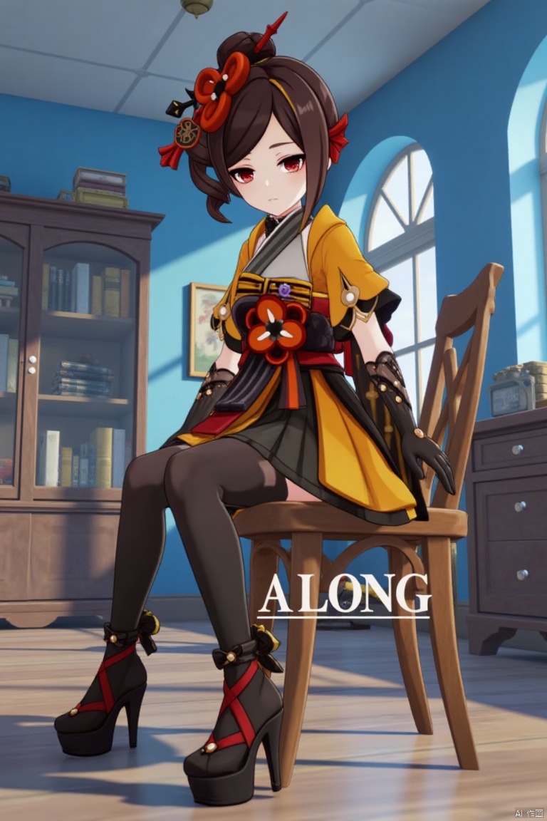 A Genshin Impact female character with waist-length hair, red eyes, and red hair accessories. She wears a traditional and modern fusion outfit, including black tights, a red and gold sash, high-heeled platform shoes, and a yellow and white top. She is sitting on a wooden chair in an indoor office-like setting with blue walls and bookshelves in the background. The scene features cinematic lighting, high contrast, and sharp focus, with a dynamic composition. A detailed background includes a movie poster with three-dimensional text AGlong in the middle below, enhancing the dramatic atmosphere.