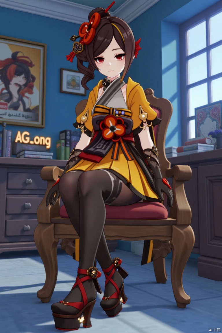 A Genshin Impact female character with waist-length hair, red eyes, and red hair accessories. She wears a traditional and modern fusion outfit, including black tights, a red and gold sash, high-heeled platform shoes, and a yellow and white top. She is sitting on a wooden chair in an indoor office-like setting with blue walls and bookshelves in the background. The scene features cinematic lighting, high contrast, and sharp focus, with a dynamic composition. A detailed background includes a movie poster with three-dimensional text AGlong in the middle below, enhancing the dramatic atmosphere.