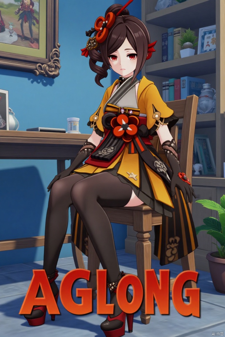 A Genshin Impact female character with waist-length hair, red eyes, and red hair accessories. She wears a traditional and modern fusion outfit, including black tights, a red and gold sash, high-heeled platform shoes, and a yellow and white top. She is sitting on a wooden chair in an indoor office-like setting with blue walls and bookshelves in the background. The scene features cinematic lighting, high contrast, and sharp focus, with a dynamic composition. A detailed background includes a movie poster with three-dimensional text AGlong in the middle below, enhancing the dramatic atmosphere.