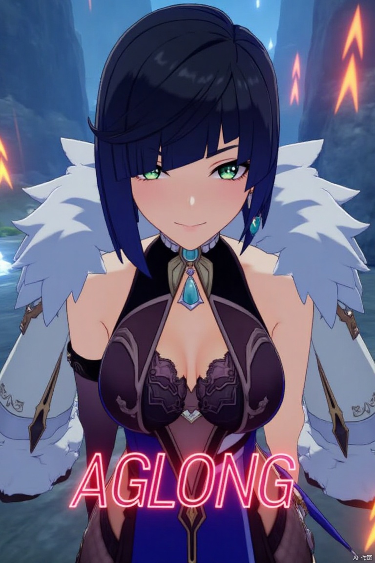 A cinematic movie poster featuring Yelan from Genshin Impact, a solo girl with multicolored hair—blue and black—with blunt bangs and green eyes. She has large breasts, a mole on her breast, and is wearing a fur-trimmed jacket on her shoulders, revealing bare shoulders and cleavage. She smiles with parted lips, adorned with jewelry and earrings. Leaning forward, she wears gloves and a sleeveless outfit. The background is detailed with a poster theme, high contrast, and sharp focus. Dynamic composition with dramatic lighting, three-dimensional text AGlong in the middle below.