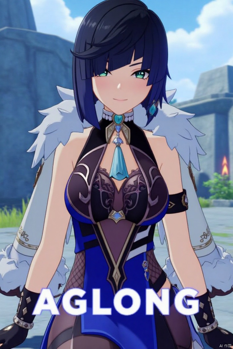 A cinematic movie poster featuring Yelan from Genshin Impact, a solo girl with multicolored hair—black and blue—with diagonal bangs and green eyes. She has a bob cut and is looking at the viewer with a grin and parted lips. She wears a fur-trimmed white jacket on her shoulders, revealing bare shoulders and a blue dress with a clothing cutout. Adorned with jewelry and earrings, she sits outdoors, wearing black elbow gloves and a tassel. The background is detailed with a poster theme, high contrast, and sharp focus. Dynamic composition with dramatic lighting, three-dimensional text AGlong in the middle below.