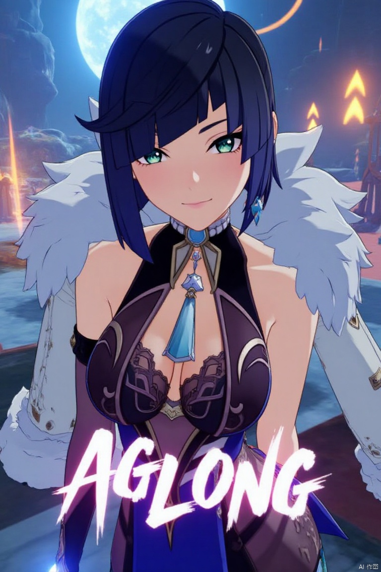 A cinematic movie poster featuring Yelan from Genshin Impact, a solo girl with multicolored hair—black and blue—with diagonal bangs and green eyes. She has large breasts, a mole on her breast, and is looking at the viewer with a smile and parted lips. She wears a fur-trimmed white jacket on her shoulders, revealing bare shoulders and cleavage, and a sleeveless outfit. Adorned with jewelry and earrings, she leans forward and holds dice. The scene is set with a detailed background, high contrast, and sharp focus. Dynamic composition with dramatic lighting, three-dimensional text AGlong in the middle below.