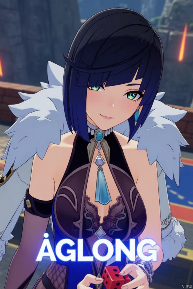A cinematic movie poster featuring Yelan from Genshin Impact, a solo girl with multicolored hair—black and blue—with diagonal bangs and green eyes. She has large breasts, a mole on her breast, and is looking at the viewer with a smile and parted lips. She wears a fur-trimmed white jacket on her shoulders, revealing bare shoulders and cleavage, and a sleeveless outfit. Adorned with jewelry and earrings, she leans forward and holds dice. The scene is set with a detailed background, high contrast, and sharp focus. Dynamic composition with dramatic lighting, three-dimensional text AGlong in the middle below.