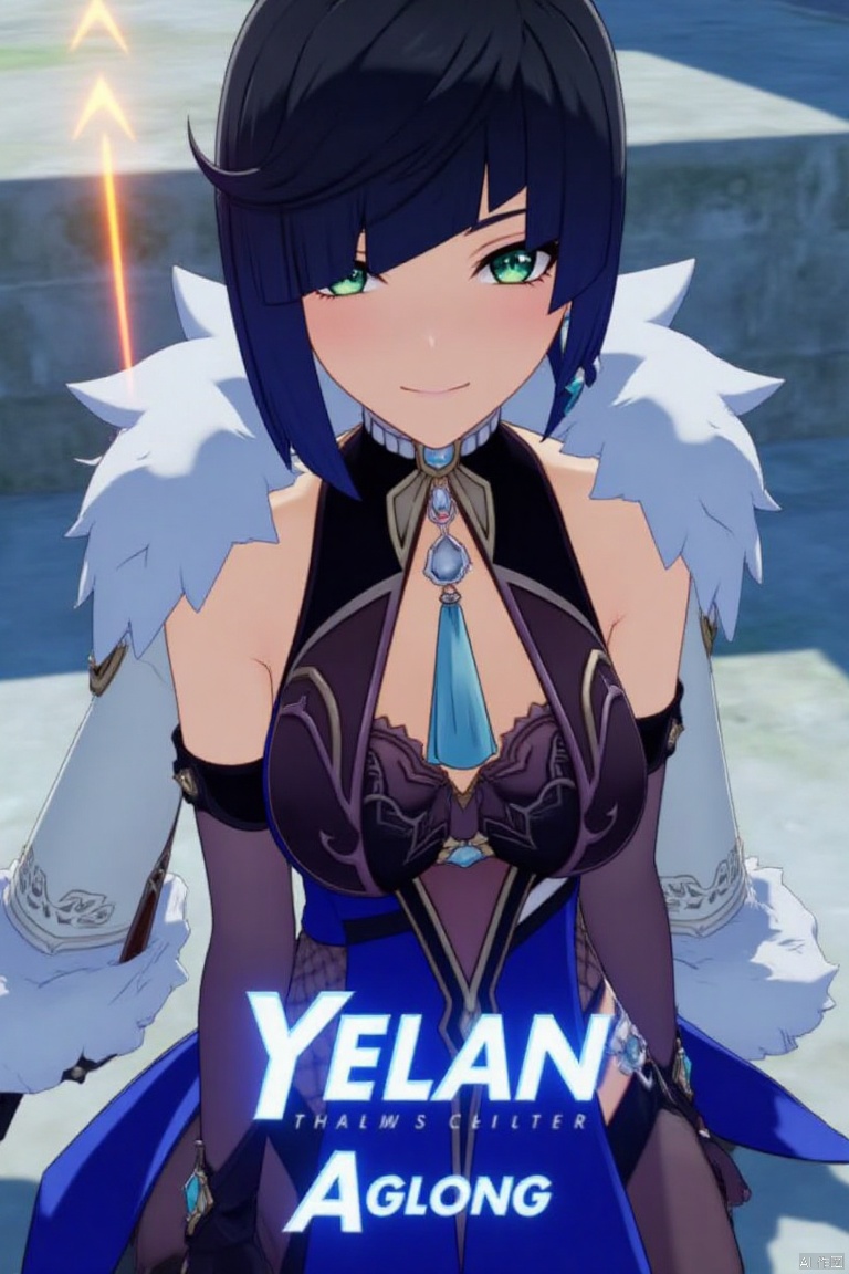A cinematic movie poster featuring Yelan from Genshin Impact, a solo girl with multicolored hair—black and blue—with diagonal bangs and green eyes. She has a bob cut and is looking at the viewer with a grin and parted lips. She wears a fur-trimmed white jacket on her shoulders, revealing bare shoulders and a blue dress with a clothing cutout. Adorned with jewelry and earrings, she sits outdoors, wearing black elbow gloves and a tassel. The background is detailed with a poster theme, high contrast, and sharp focus. Dynamic composition with dramatic lighting, three-dimensional text AGlong in the middle below.