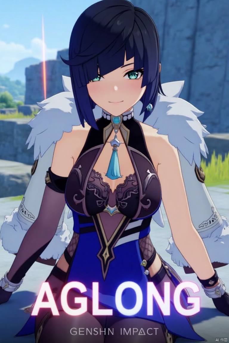 A cinematic movie poster featuring Yelan from Genshin Impact, a solo girl with multicolored hair—black and blue—with diagonal bangs and green eyes. She has a bob cut and is looking at the viewer with a grin and parted lips. She wears a fur-trimmed white jacket on her shoulders, revealing bare shoulders and a blue dress with a clothing cutout. Adorned with jewelry and earrings, she sits outdoors, wearing black elbow gloves and a tassel. The background is detailed with a poster theme, high contrast, and sharp focus. Dynamic composition with dramatic lighting, three-dimensional text AGlong in the middle below.