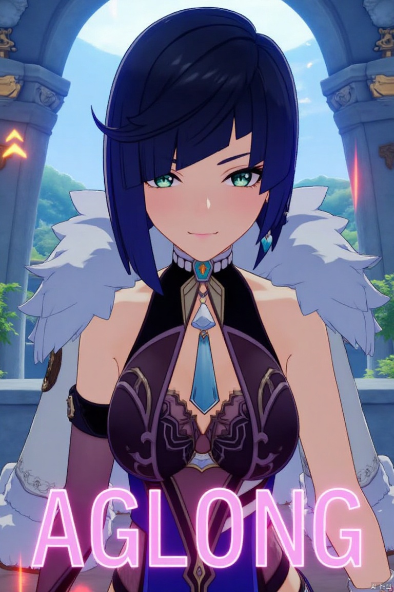 A cinematic movie poster featuring Yelan from Genshin Impact, a solo girl with multicolored hair—black and blue—with diagonal bangs and green eyes. She has large breasts, a mole on her breast, and is looking at the viewer with a smile and parted lips. She wears a fur-trimmed white jacket on her shoulders, revealing bare shoulders and cleavage, and a sleeveless outfit. Adorned with jewelry and earrings, she leans forward and holds dice. The scene is set with a detailed background, high contrast, and sharp focus. Dynamic composition with dramatic lighting, three-dimensional text AGlong in the middle below.