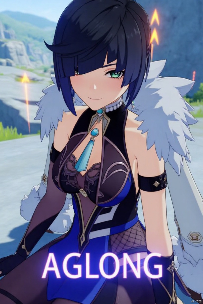 A cinematic movie poster featuring Yelan from Genshin Impact, a solo girl with multicolored hair—black and blue—with diagonal bangs and green eyes. She has a bob cut and is looking at the viewer with a grin and parted lips. She wears a fur-trimmed white jacket on her shoulders, revealing bare shoulders and a blue dress with a clothing cutout. Adorned with jewelry and earrings, she sits outdoors, wearing black elbow gloves and a tassel. The background is detailed with a poster theme, high contrast, and sharp focus. Dynamic composition with dramatic lighting, three-dimensional text AGlong in the middle below.