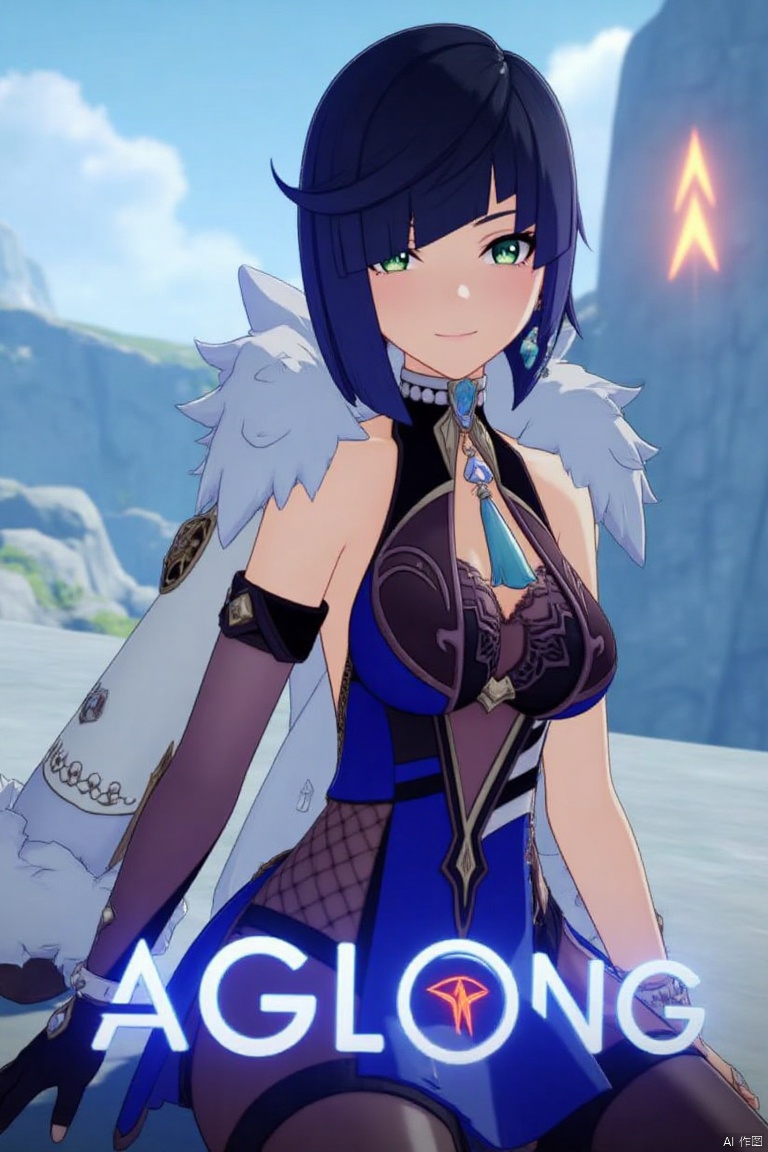 A cinematic movie poster featuring Yelan from Genshin Impact, a solo girl with multicolored hair—black and blue—with diagonal bangs and green eyes. She has a bob cut and is looking at the viewer with a grin and parted lips. She wears a fur-trimmed white jacket on her shoulders, revealing bare shoulders and a blue dress with a clothing cutout. Adorned with jewelry and earrings, she sits outdoors, wearing black elbow gloves and a tassel. The background is detailed with a poster theme, high contrast, and sharp focus. Dynamic composition with dramatic lighting, three-dimensional text AGlong in the middle below.