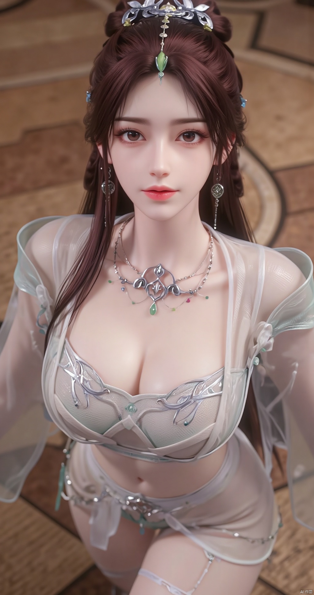 Natural breasts, epic cleavage. Ponytail. Slightly open mouth. Slim-fitting gray cashmere sweater, shot from above. Bird's eye view, she looks up at the viewer. Close-up. Kneeling on the wooden floor, chest lifted, realistic red panda ears