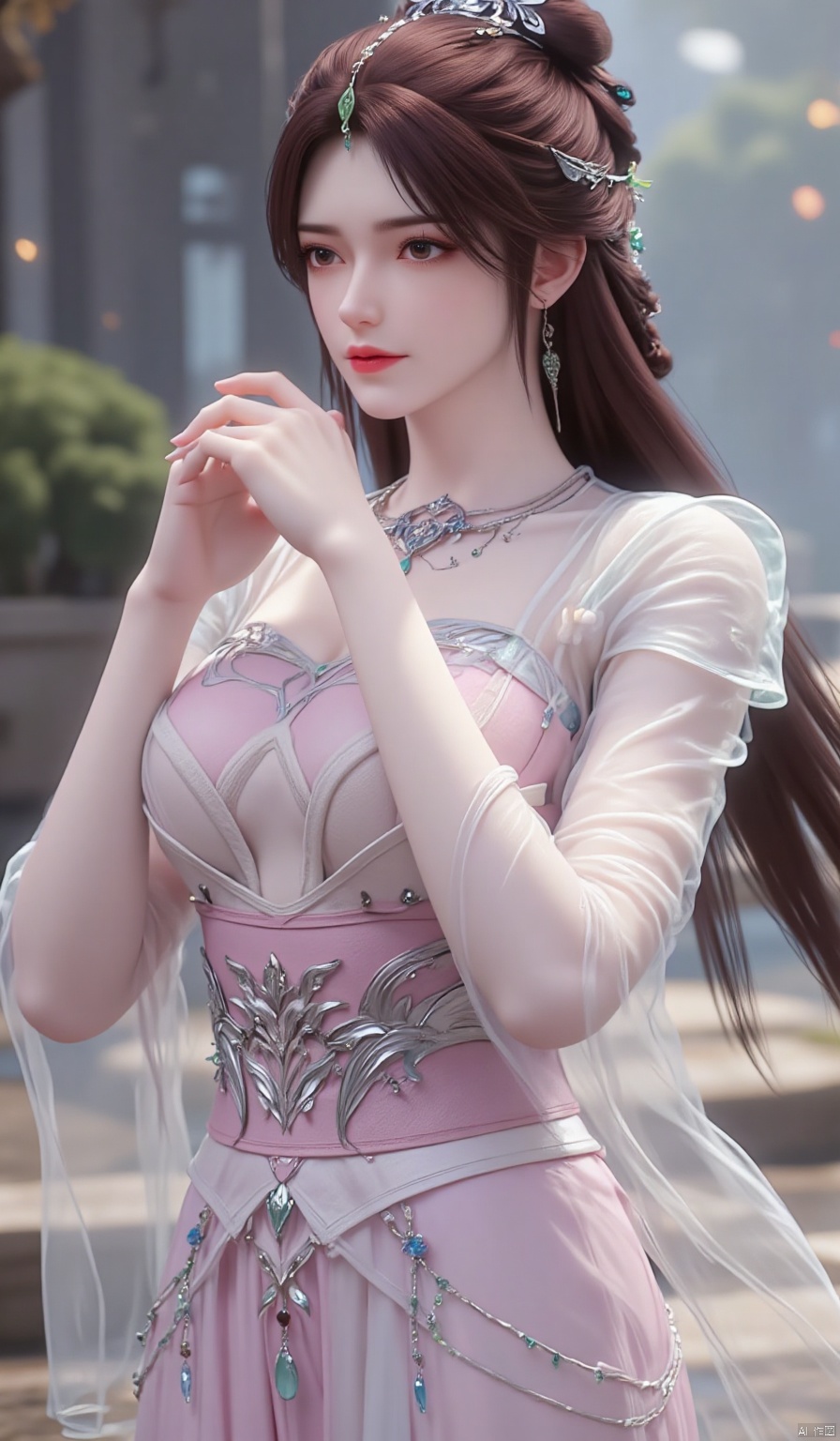 小巧的花精灵在花海中穿梭,围绕着她翩翩起舞,她的水晶裙反射出精灵的微光。
Tiny flower fairies flit through the flower - sea, dancing around her, and her crystal dress reflects the fairies' faint glow.