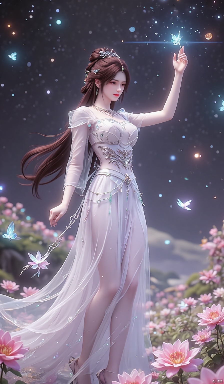 In an infinite, enchanted flower field that seems to stretch beyond the very fabric of space and time, every flower glows with a unique, prismatic radiance, exuding a soft, otherworldly luminescence. Amidst this fantastical panorama, a Chinese beauty shines like a celestial being. Her long, jet - black hair tumbles down her back in a cascading waterfall, with wisps of hair dancing around her delicate face, adding a touch of natural allure.
She is draped in a floor - length crystal dress that is a veritable marvel of craftsmanship. The dress is entirely encrusted with countless, minuscule crystals, each one a perfect, multifaceted gem. These crystals are not merely reflective; they seem to be living conduits of light. They capture the ethereal glow from the floating, luminous spheres that dot the celestial canopy above the flower field, and then refract and scatter it in a million different directions. Each crystal pulsates with an inner fire, a vibrant, ever - changing glow that seems to be in harmony with the rhythm of the universe. Arranged in a pattern that mimics the most intricate constellations in the cosmos, as she moves, they create a display of twinkling lights so dazzling that it rivals the brilliance of a supernovae. It's as if the very essence of the stars has been woven into the fabric of her dress, adorning her with a celestial splendor.
Fairy - like sprites with iridescent, gossamer - thin wings flit and flutter among the blossoms, their laughter tinkling like the purest of crystal chimes. As a gentle, magical zephyr sweeps through the flower field, carrying the heady, intoxicating fragrance of the blossoms, she begins to dance. Her body sways gracefully from side to side, her arms moving in fluid, sweeping arcs, as if she is the conductor of a symphony of nature's most enchanting elements. She spins with a grace that defies gravity, her long skirt billowing out like a cloud of stardust. The crystals on the dress create a mesmerizing, multi - colored halo around her, a corona of light so intense that it seems to distort the very air around her. As she twirls, she reaches out one hand to caress the flowers, and the blossoms respond in kind, their petals undulating in time with her dance. Tiny, bioluminescent insects emerge from the heart of the flowers, fluttering around her like a swarm of living diamonds, adding an extra layer of magical allure to the already - enchanted scene. Her eyes, as bright and vast as the star - filled expanse of the universe, are alight with joy and a profound sense of wonder at the beauty of this magical realm.