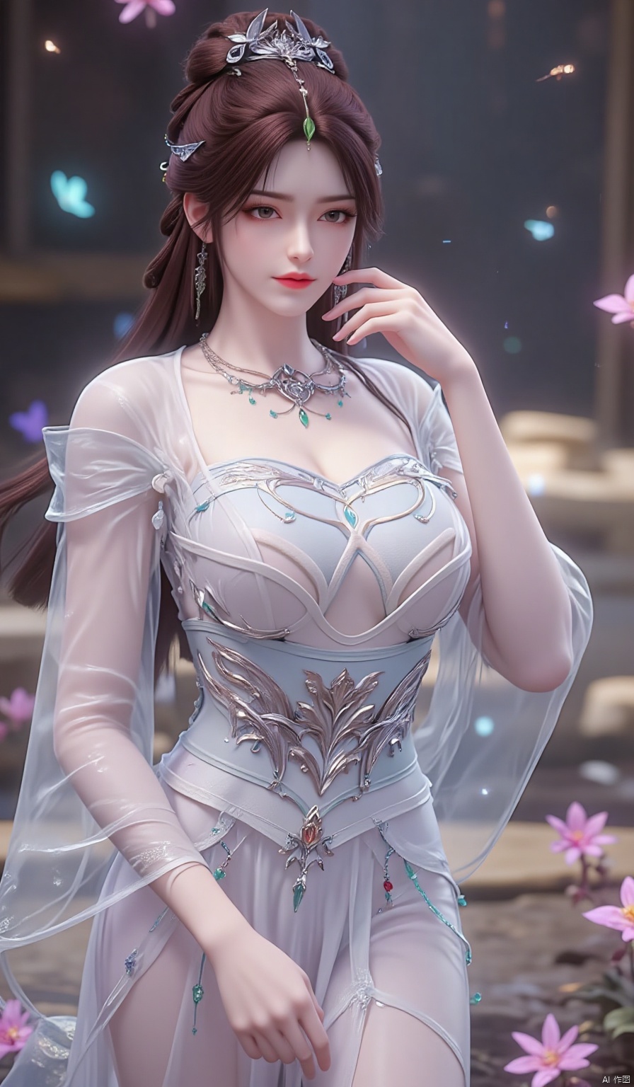 Exotic flowers with dreamy glows surround her in the crystal dress, swaying in rhythm with her movements.