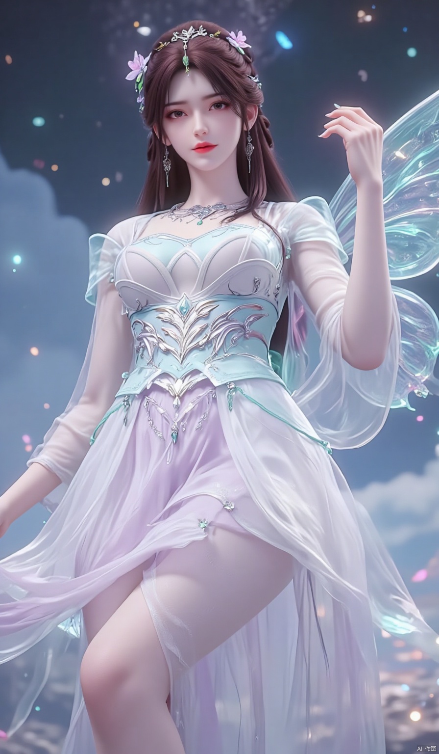 An angelic lady wearing a crystal neon dress with glowing butterfly patterns and crystal wing ornaments, floating in a fluorescent cloud layer, soft halo and crystal glow surrounding her, highly detailed, 4K resolution, dreamlike beauty.

