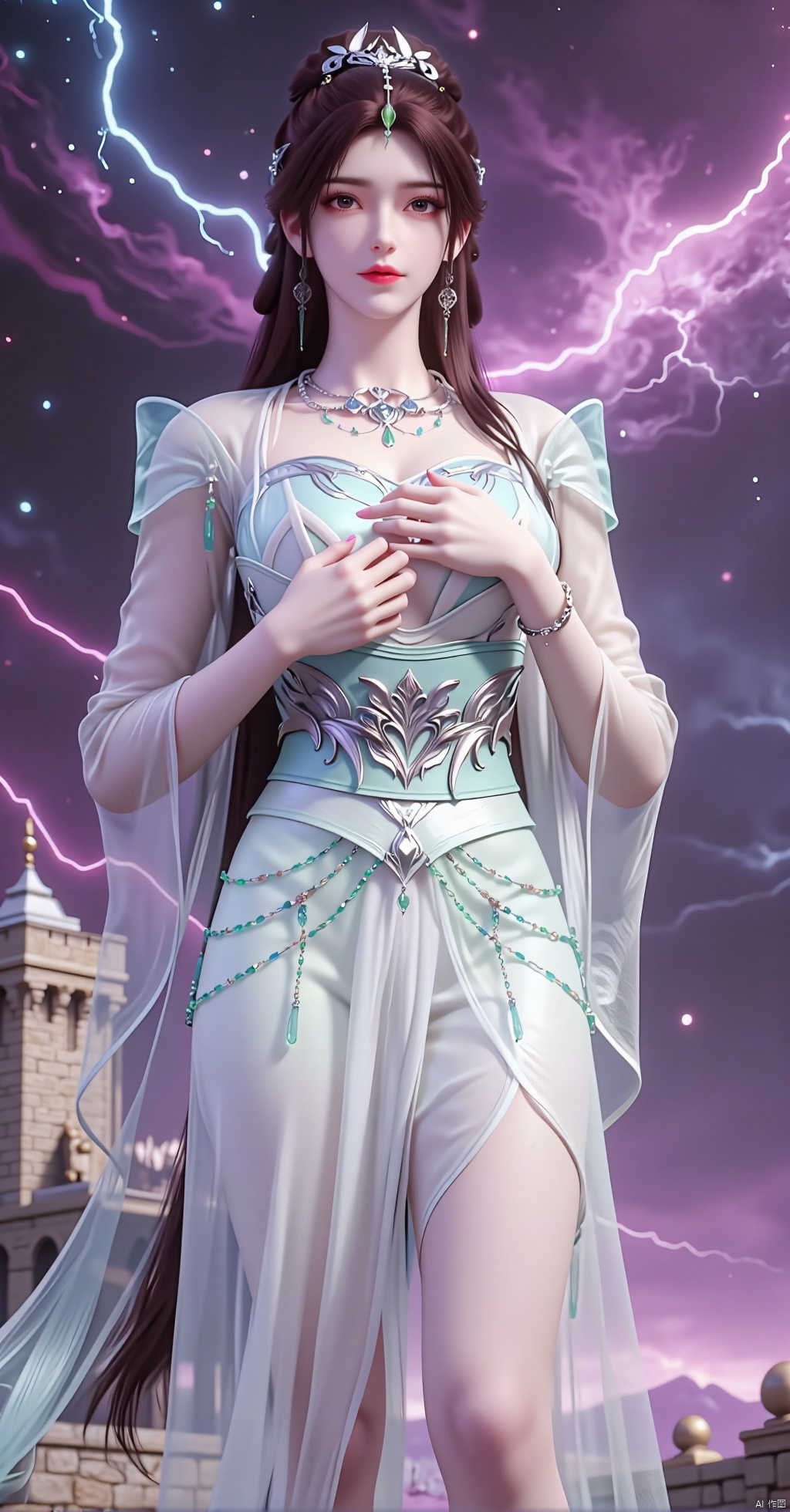 In this surreal image, an attractive woman stands out against a backdrop of vibrant fantasy castles and swirling nebulae. She wore an exquisite white wedding dress, and her long black hair fell down her back like a river of moonlight. The lighting is dramatic, with electric arcs dancing across the sky, casting an otherworldly light on the scene. In the foreground, the elf's posture is elegant and composed, her shiny pantyhose catching the light as she gazes out at the Milky Way. The composition of the painting is very striking, with a beautiful Western-style castle in the background, its stone walls glowing softly against the neon hues of the nebulae. The overall effect is a highly contrasting fantasy, where the lines between reality and dream blur seamlessly. She holds a Hope Diamond in front of her chest, her hands on her chest, her breast cleavage with a regal elegance. The camera captures her upper body and the hope diamond on her cleavage from a high Angle. She had a tattoo under her collarbone, and she was wearing crystal heels