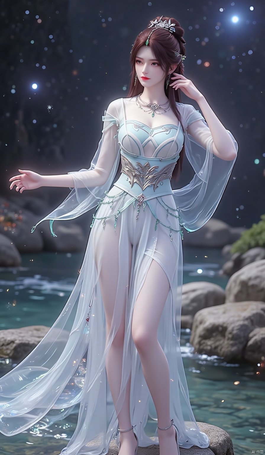 Standing on the banks of the star - river, her crystal dress spills stardust with every sway, as if she has captured the essence of the galaxy.
