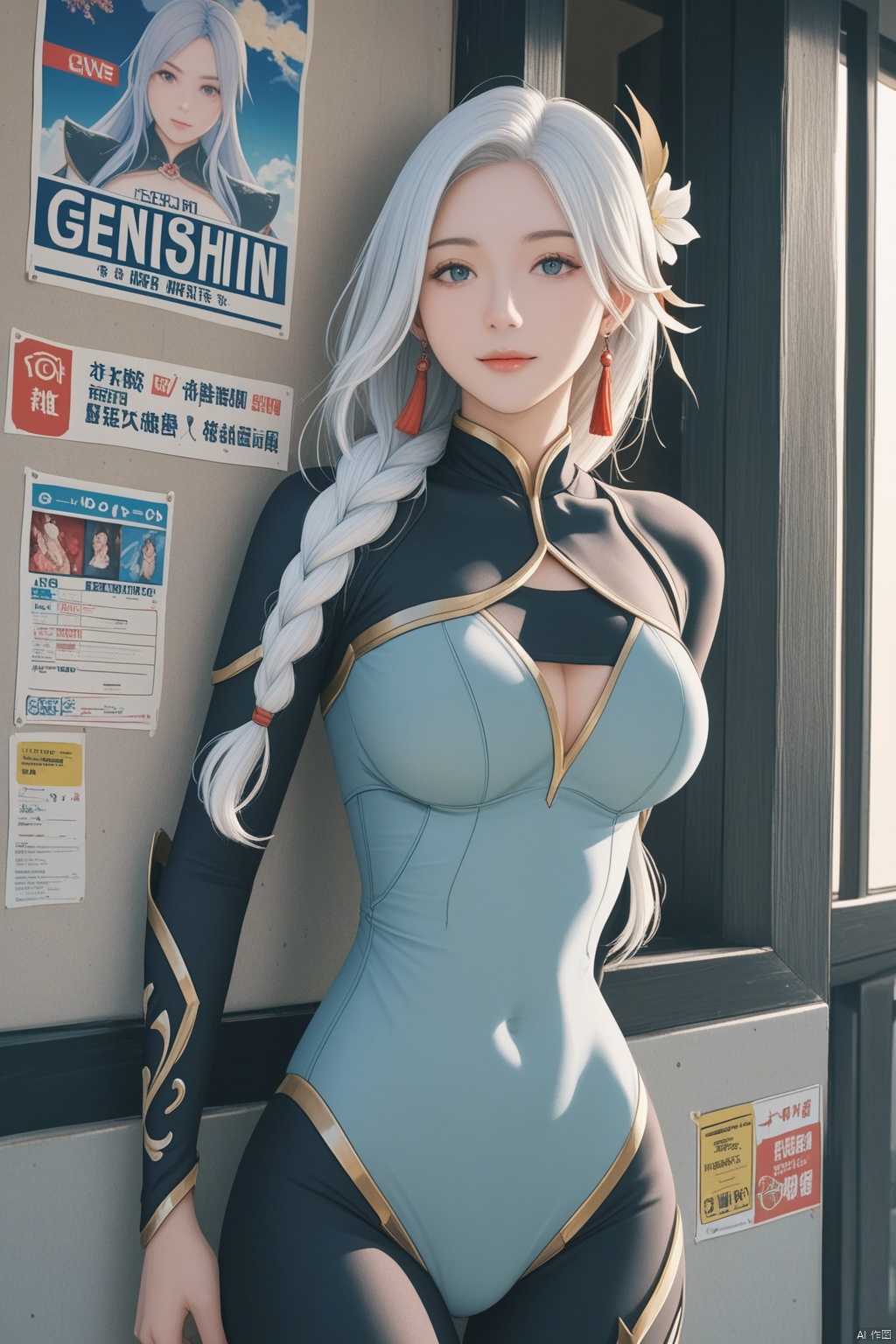 masterpiece,Realism,best quality,
1girl, solo, upper body, very long white braided hair with a braided ponytail, hair over one eye, bangs, blue eyes, looking at viewer, blush, smile, parted lips, hair ornament, tassel earrings, tassel, bodysuit with gold trim, clothing cutout, flower, Shenhe (Genshin Impact) style, movie poster, three-dimensional text AGlong in the middle below, cinematic lighting, dynamic composition, detailed background with poster theme, high contrast, sharp focus, dramatic atmosphere.