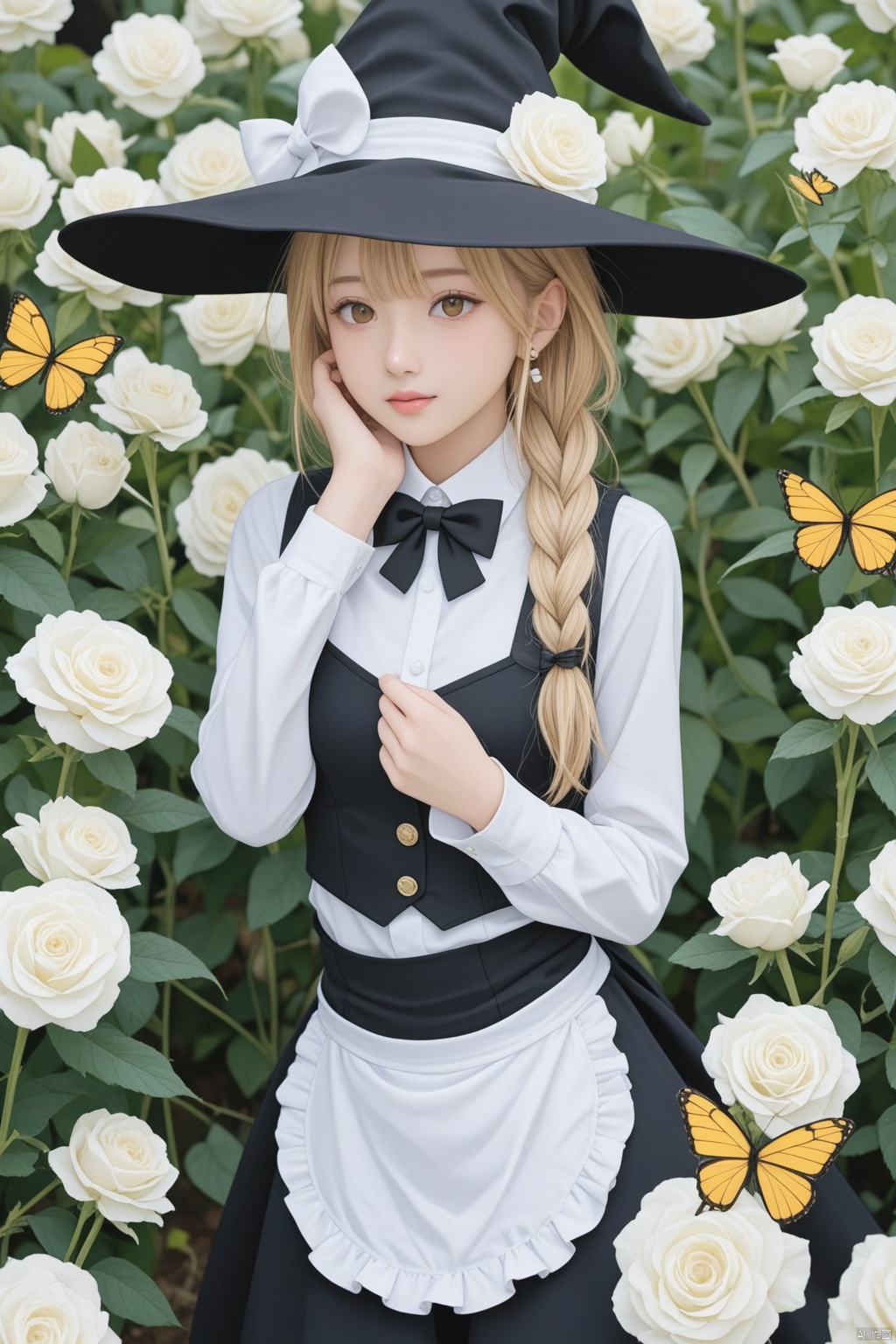 masterpiece,Realism,best quality,loli,1girl,hat,kirisame marisa,blonde hair,solo,yellow eyes,bug,witch hat,butterfly,long hair,braid,bow,flower,apron,black headwear,single braid,long sleeves,earrings,hair ornament,jewelry,white bow,hair flower,shirt,white shirt,closed mouth,hair between eyes,black bow,waist apron,white apron,hat bow,black skirt,white flower,blush,bowtie,skirt,black bowtie,looking at viewer,hair bow,rose,black vest,vest,frills,signature,buttons,hand on headwear,upper body,frilled apron,white rose,arms up,cowboy shot,yellow butterfly,arm up,hands up,artist name,side braid,ribbon,