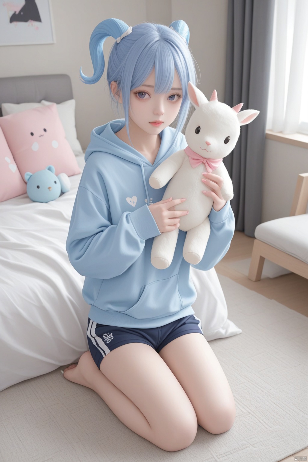 masterpiece,best quality,illustration, [Artist miwano rag],[Artist toosaka asagi],[Artist wlop],[Artist chen bin], 1girls, solo,loli,loli,loli, (little_girl:1.2),petite:1.1, long sleeves, holding, hair between eyes, sitting, closed mouth, blue hair, purple eyes, full body, ahoge, heart, sidelocks, horns, shorts, barefoot, indoors, hood, sweater, pillow, short shorts, hoodie, stuffed toy, stuffed animal, seiza, pink nails, blue shorts, goat horns, ganyu \(genshin impact\)