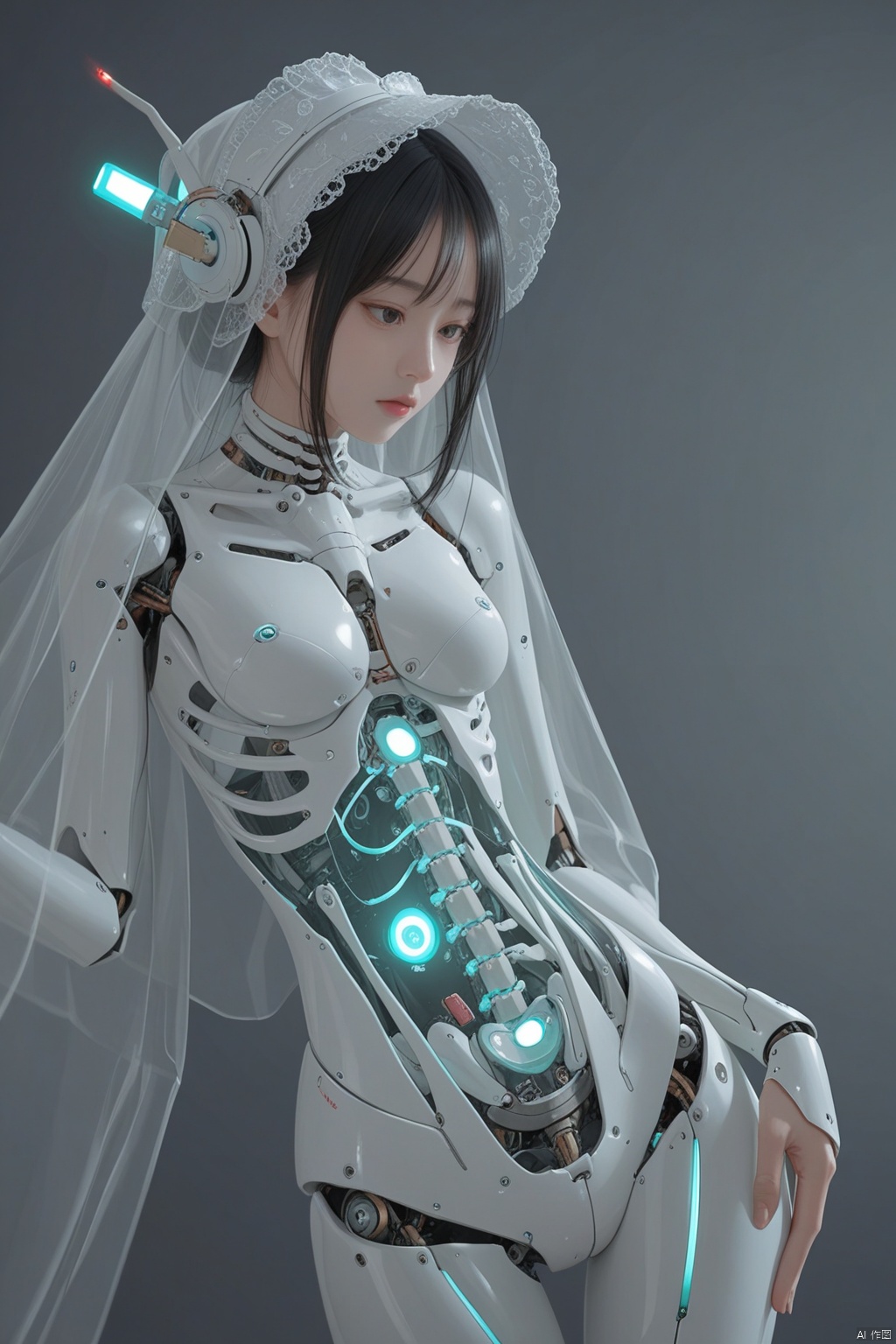 masterpiece, best quality, amazing quality, very aesthetic, absurdres, year 2023, onineko, tianliang duohe fangdongye, wlop, ciloranko, ask \(askzy\), 
1girl, android, aqua eyes, black hair, bone, glowing, gradient background, looking at viewer, mechabare, mechanical spine, medium hair, ribs, 
robot, science fiction, see-through body, skeletal body,
spine, translucent, transparent, mecha bonnet , mature
very aesthetic, high definition, amazing quality,
masterpiece, best quality, very aesthetic, highres, absurdres, sensitive