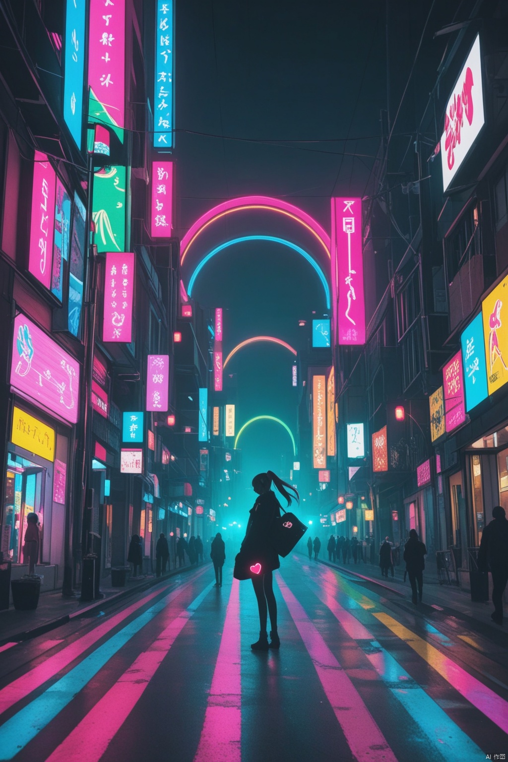 A photograph of beautiful hubggirl, (super realistic, best quality:1.25), depth, cinematic light, BREAK best_quality,masterpiece,(yoneyama mai:0.5),(WANKE:0.5),(noyu (noyu23386566):0.5),cute painting style,dark,Hatsune Miku,limited palette,black background,colorful,vibrant,glowing outline,neon,blacklight,looking at viewer,apple,fog,from_side,