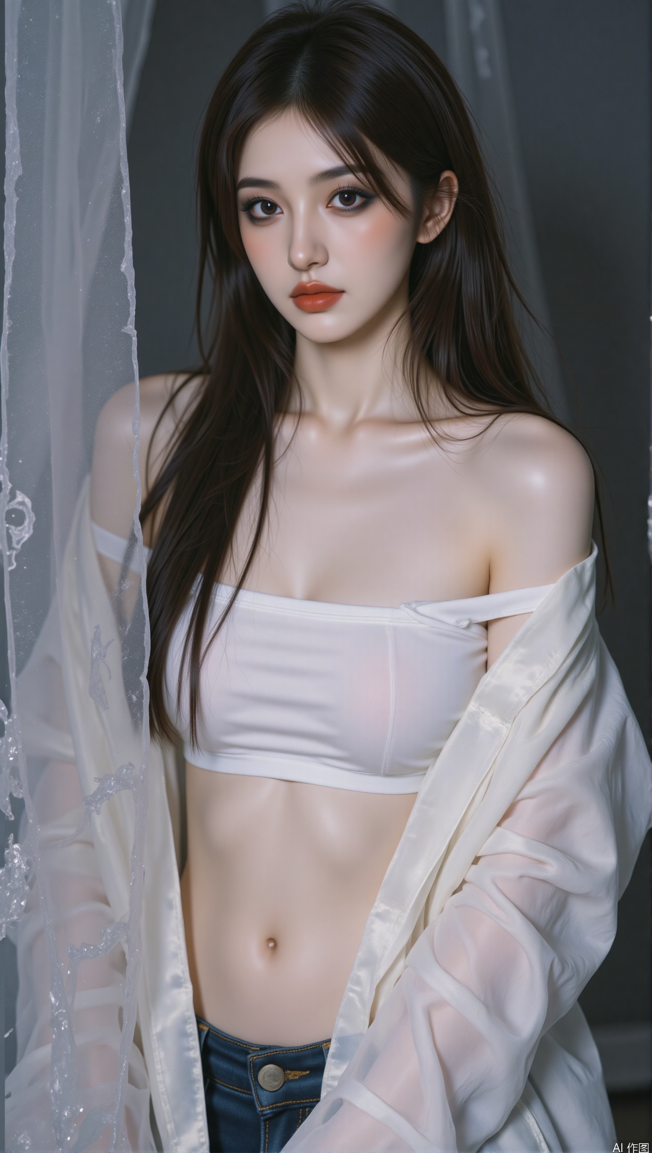 1girl,solo,Keywords long black hair, makeup, portrait, black eye shadow, off-the-shoulder, cleavage,White shirt coat, clothes open, navel