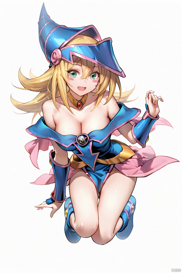 masterpiece, best quality, high quality, Dark Magician Girl \(ygo\), 1girl, solo, long hair, looking at viewer, blush, smile, open mouth, blonde hair, hair between eyes, green eyes, full body, empty hands, pentacle, white background, simple background,