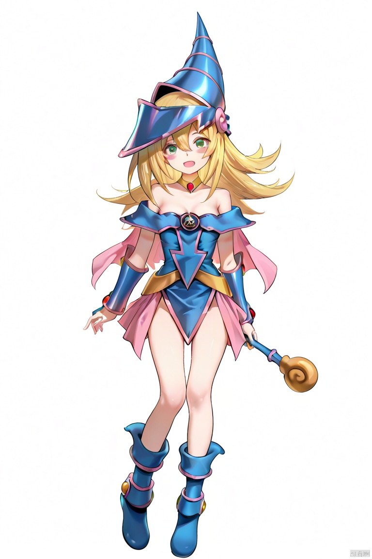 masterpiece, best quality, high quality, Dark Magician Girl \(ygo\), 1girl, solo, long hair, looking at viewer, blush, smile, open mouth, blonde hair, hair between eyes, green eyes, full body, empty hands, pentacle, white background, simple background, loli,