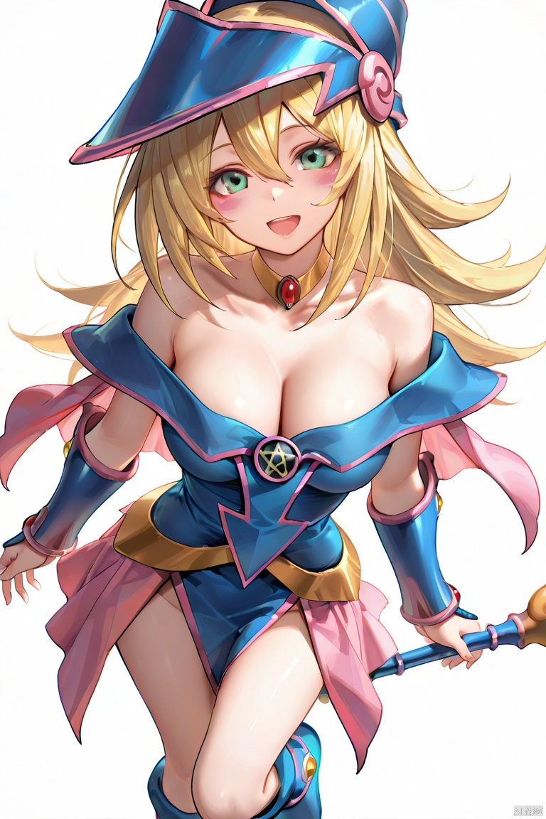 masterpiece, best quality, high quality, Dark Magician Girl \(ygo\), 1girl, solo, long hair, looking at viewer, blush, smile, open mouth, blonde hair, hair between eyes, green eyes, standing, full body, empty hands, pentacle, white background, simple background,