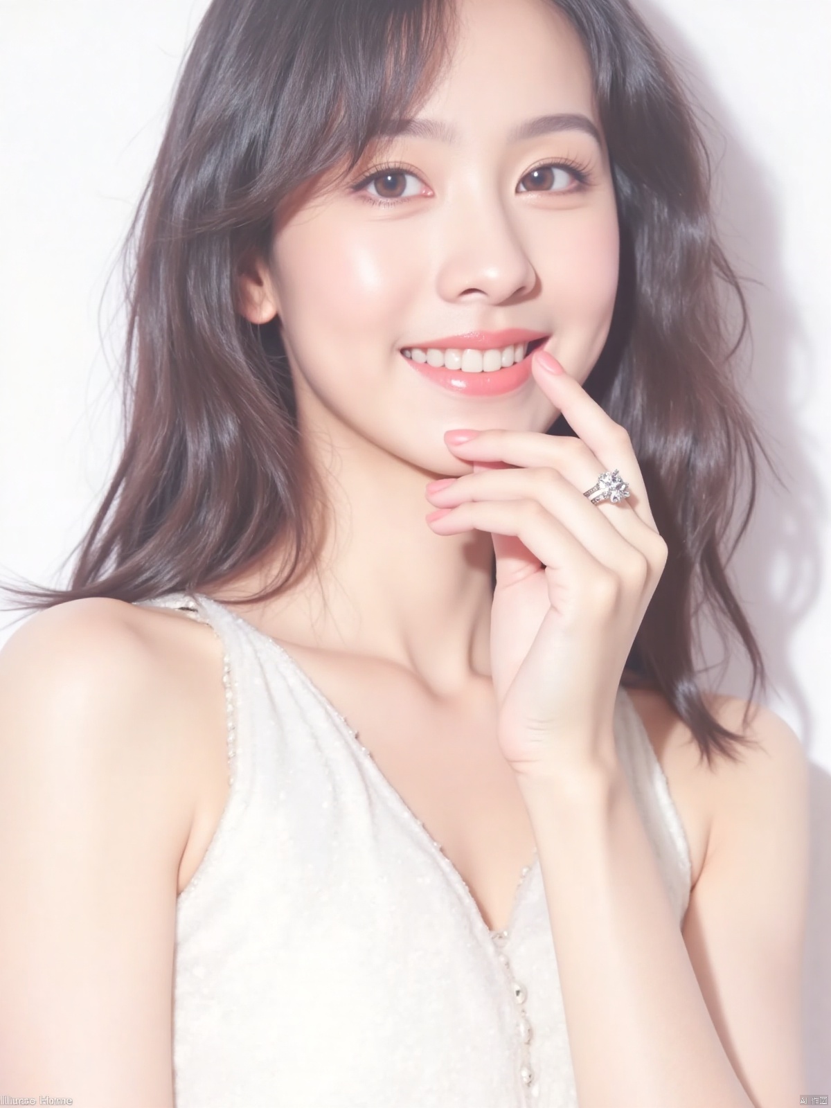 a young Asian woman,  dressed in a white sleeveless dress,  is adorned with a ring on her left hand. Her left hand is rest...