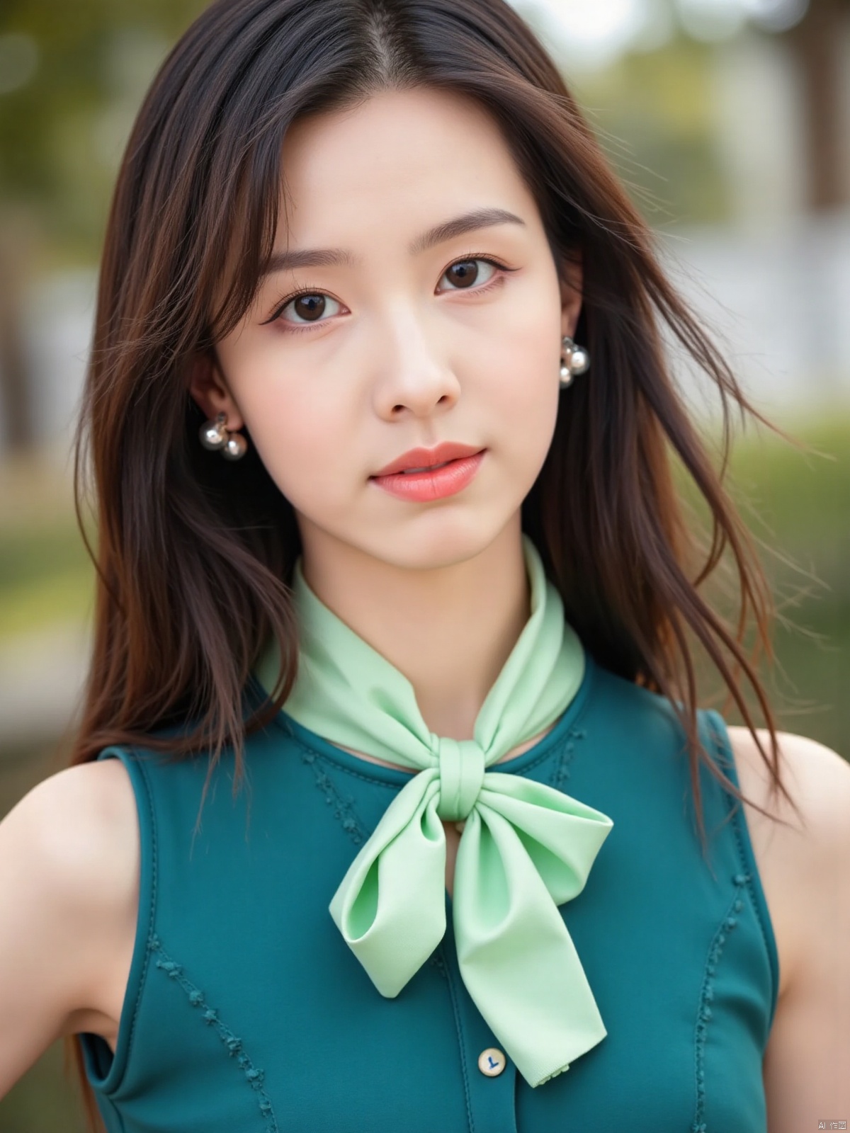 A close-up shot of a young Asian woman with long dark brown hair,  wearing a teal sleeveless blouse with a light green bow...
