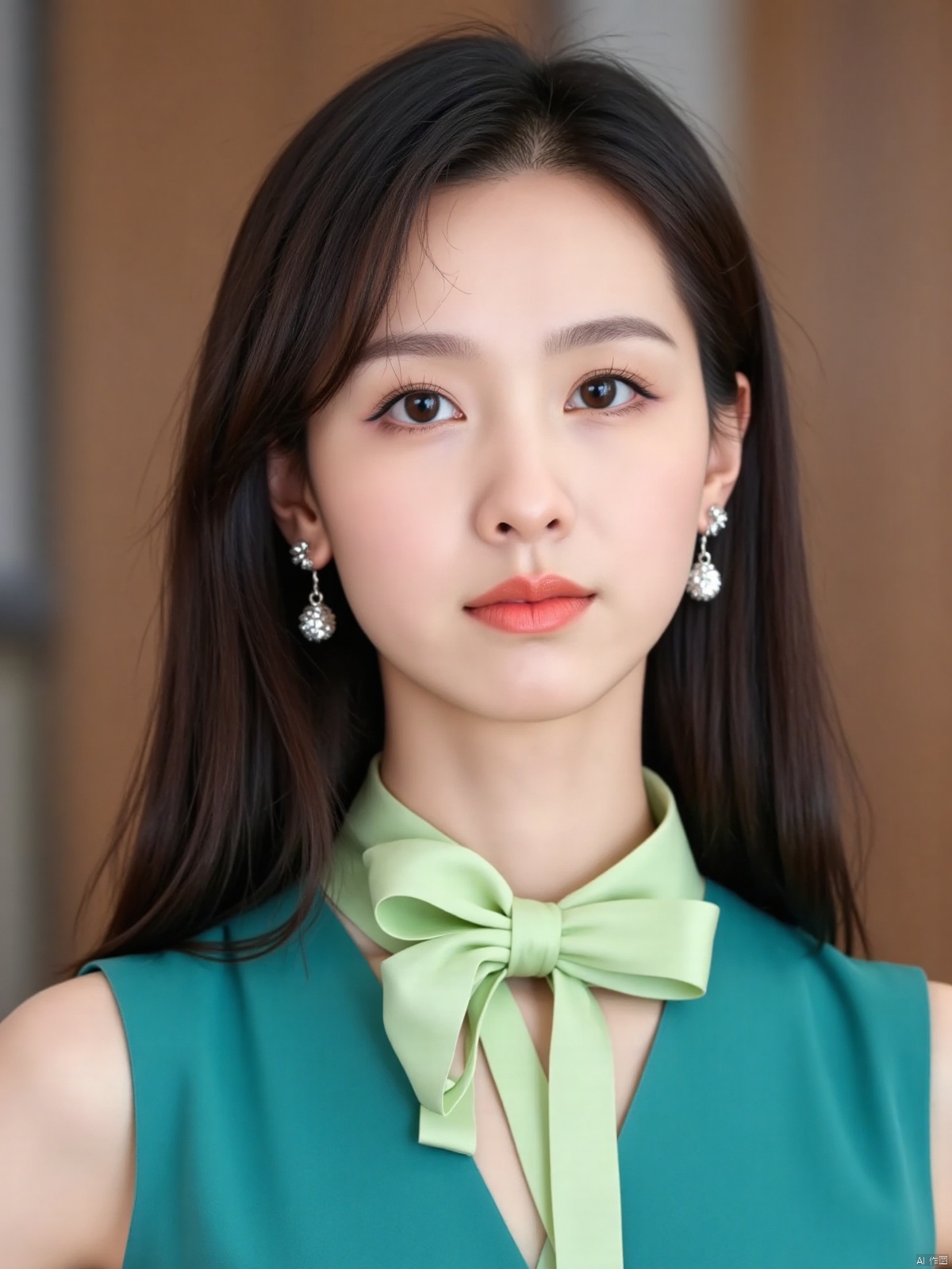 A close-up shot of a young Asian woman with long dark brown hair,  wearing a teal sleeveless blouse with a light green bow...