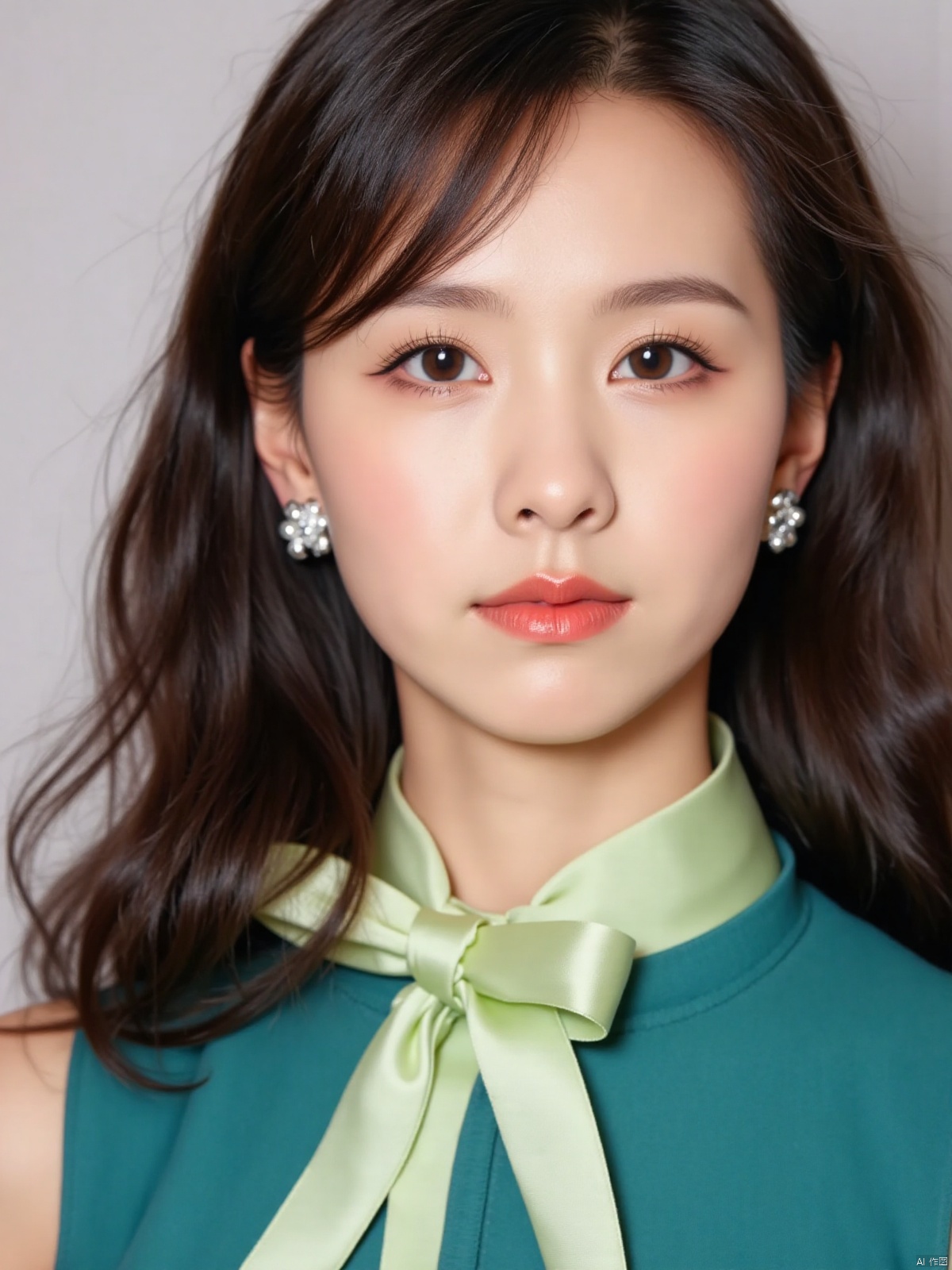 A close-up shot of a young Asian woman with long dark brown hair,  wearing a teal sleeveless blouse with a light green bow...