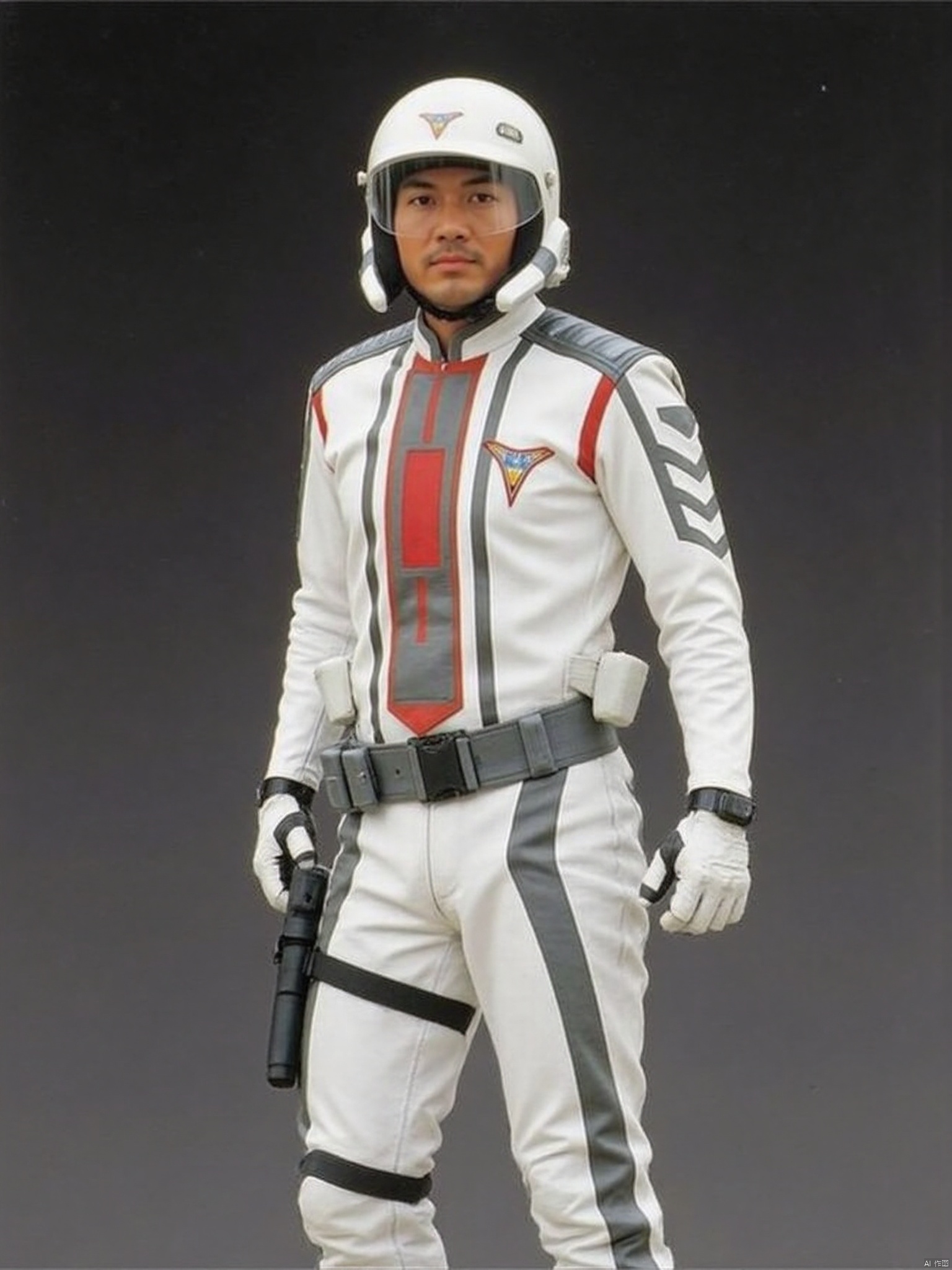guts,helmet,white pants,white jacket,collar,belt,logo,uniform,jacket,gloves,boots,emblem,pants,white gloves,black footwear,white jacket with red line