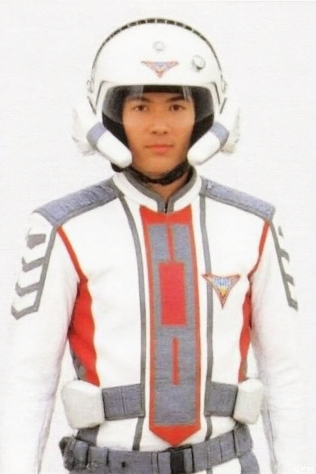 masterpiece, best quality,solo,(white background:1.2),simple background,
looking at viewer,guts,helmet,white pants,white jacket,collar,belt,logo,uniform,gloves,emblem,white jacket with red line