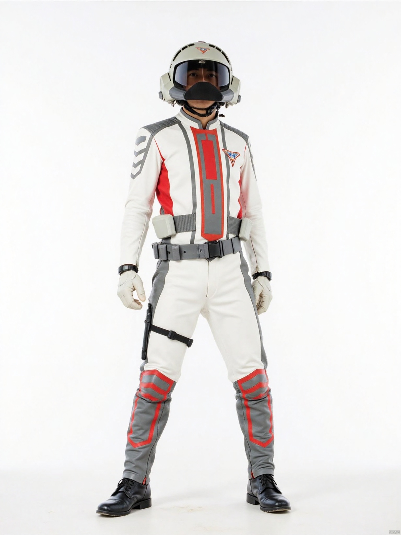 guts,helmet,white pants,white jacket,collar,belt,logo,uniform,jacket,gloves,boots,emblem,pants,white gloves,black footwear,white jacket with red line