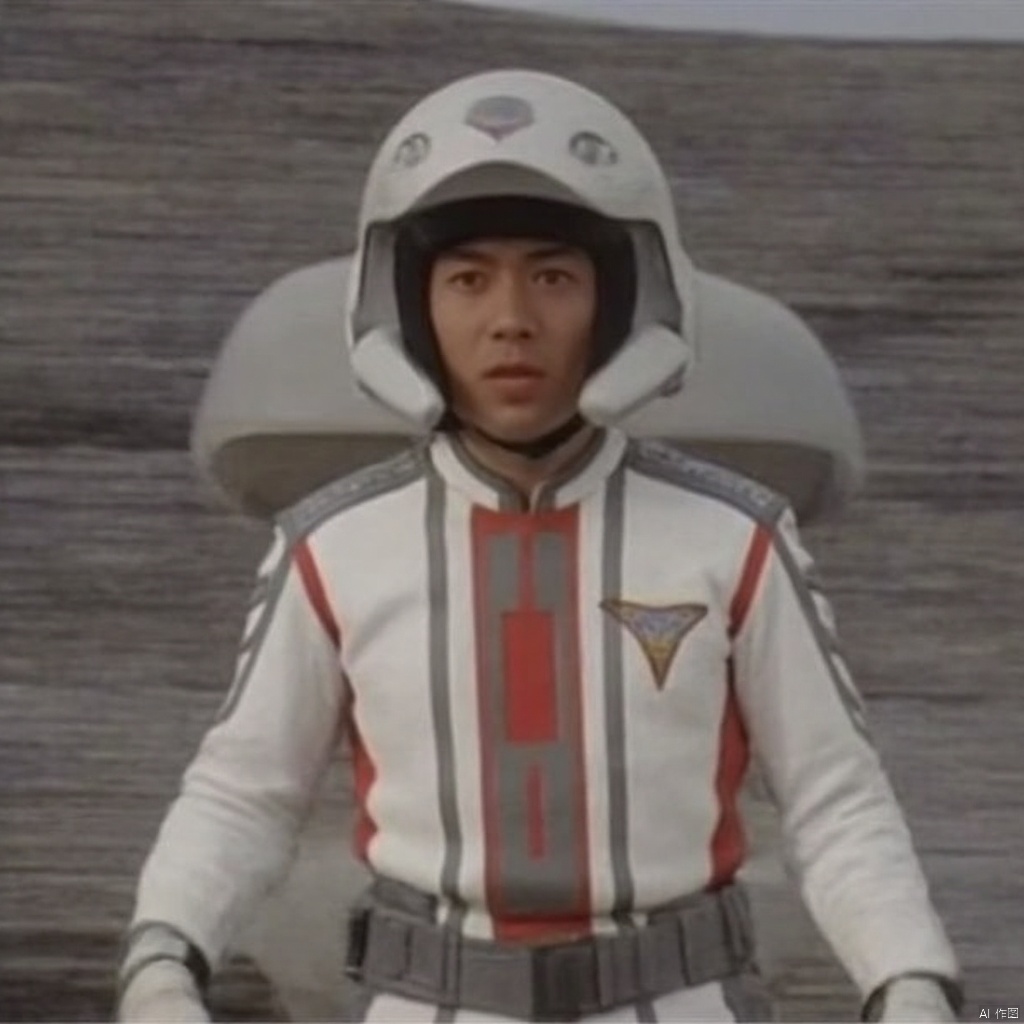 guts,helmet,white pants,white jacket,collar,belt,logo,uniform,jacket,gloves,boots,emblem,pants,white gloves,black footwear,white jacket with red line