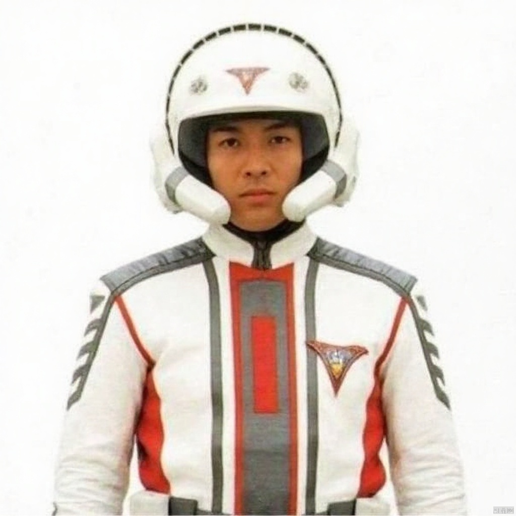 guts,helmet,white pants,white jacket,collar,belt,logo,uniform,jacket,gloves,boots,emblem,pants,white gloves,black footwear,white jacket with red line