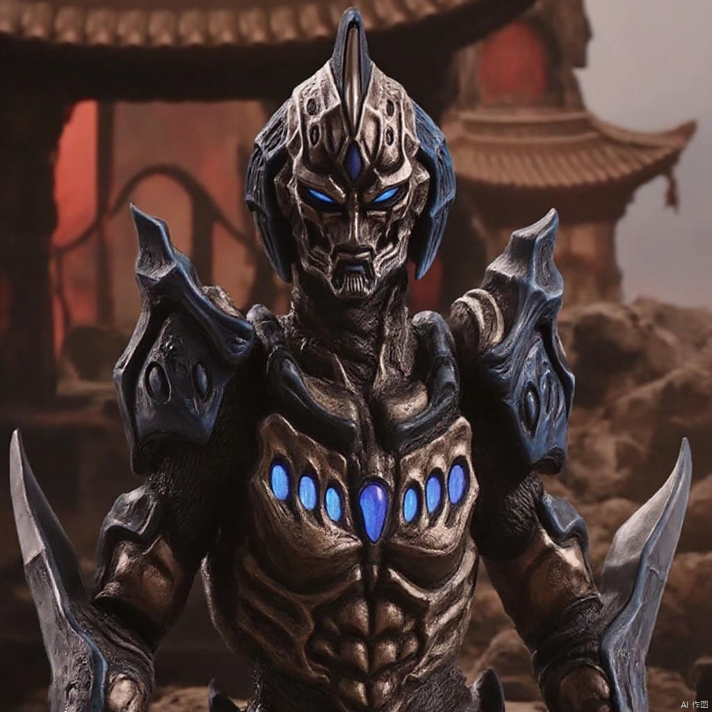 wings,gem,muscular,kaijuu,monster,mecha,robot,breastplate,armor,shoulder armor,gauntlets,cover,mask,helmet,armor,solo,weapon,armor