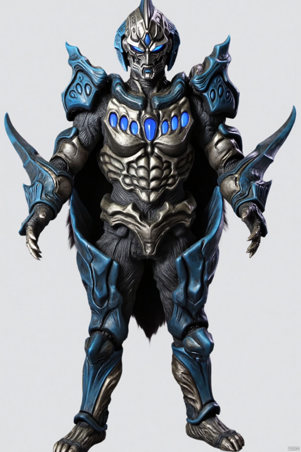 wings,gem,muscular,kaijuu,monster,mecha,robot,breastplate,armor,shoulder armor,gauntlets,cover,mask,helmet,armor,solo,weapon,armor