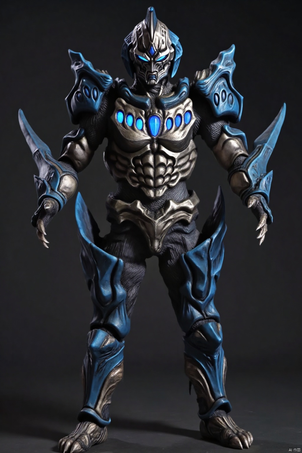 wings,gem,muscular,kaijuu,monster,mecha,robot,breastplate,armor,shoulder armor,gauntlets,cover,mask,helmet,armor,solo,weapon,armor
