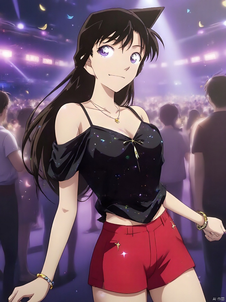 Create an anime-style illustration of a beautiful girl with long black hair and purple eyes.She is wearing a black,sparkly,off-shoulder top and red shorts,giving her a stylish and vibrant look.The background is a lively party scene with purple lighting and a crowd of people,creating a festive and energetic atmosphere.She has a confident expression,with a slight smile and a pose that suggests she's enjoying the moment.Add details like a necklace and bracelets to enhance her elegant appearance.The overall style should be vivid and detailed,with smooth textures and sharp details,suitable for a high-resolution image(300 DPI).,ani25,maolilan