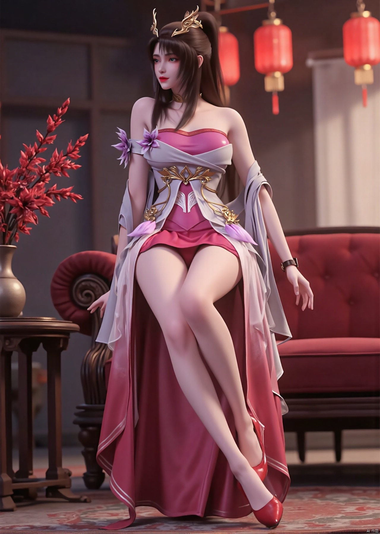 Realistic photos, one young women, double ponytail, fair skin, big breast, off-shoulder, new year red split short cheongsam, long legs, red high heels, full body, sitting, new year atmosphere living room, red lanterns, red envelopes, flowers, 