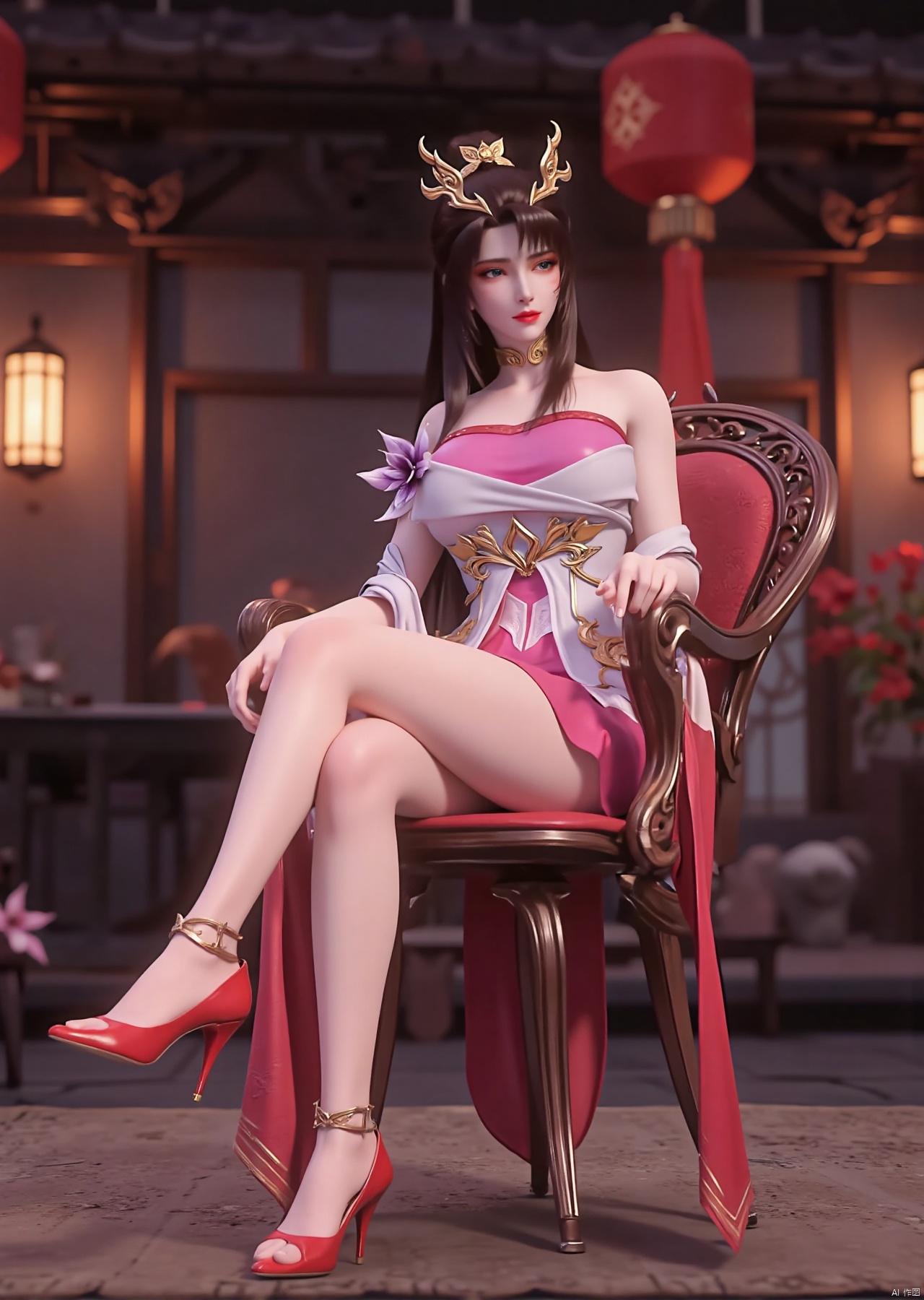 Realistic photos, one young women, double ponytail, fair skin, big breast, off-shoulder, new year red split short cheongsam, long legs, red high heels, full body, sitting, new year atmosphere living room, red lanterns, red envelopes, flowers, 