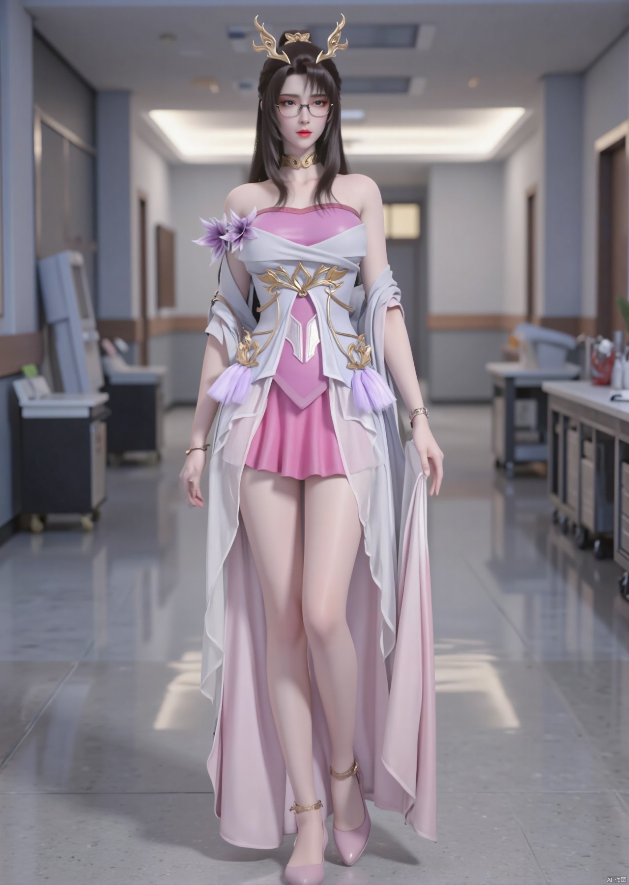 Realistic photos, 1girl, glasses, long hair, fair skin, big breasts, nurses cap, nurses, long legs, high heels, full body, fashion posture, hospital corridor,