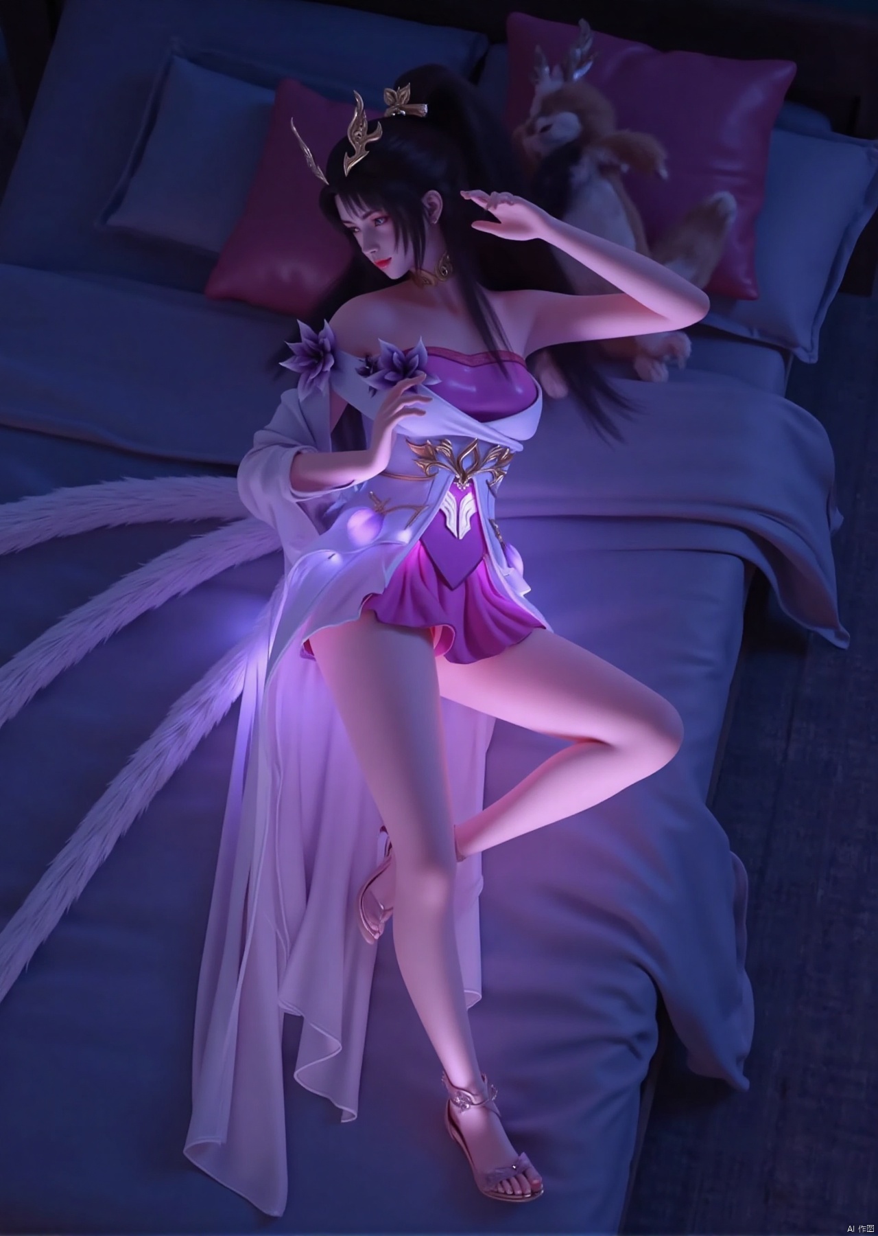 Realistic photo, 1girl, long hair, fair skin, glowing dress, long legs, high heels, full body, night, lying on cute bedroom, stuffed toy, top view,