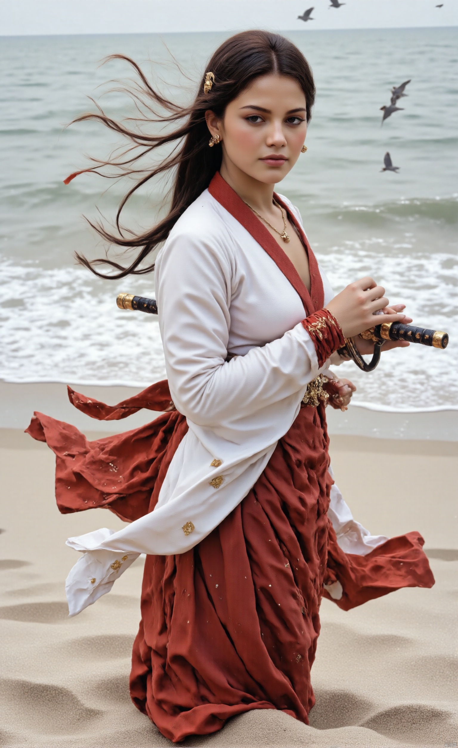 hair ornament, 1girl, solo, long hair, long sleeves, hanfu, earrings, necklace A woman stands on a beach, her long black hair flowing in the wind. She is dressed in a traditional white robe with red accents, holding a sword in one hand and a red ribbon in the other. The waves crash against the shore, and a few birds can be seen flying overhead. Her posture suggests she is ready for action or perhaps contemplating something deeply chinese ink painting, motion blur, film, bokeh, professional, wide angle, natural shadow, intricate, aesthetic, subsurface scattering, dynamic angle,light depth,large natural breast,soft breasts,ddw,Samurai draws swords,SKNTXTR,,IN THE STYLE OF FF-SSF,