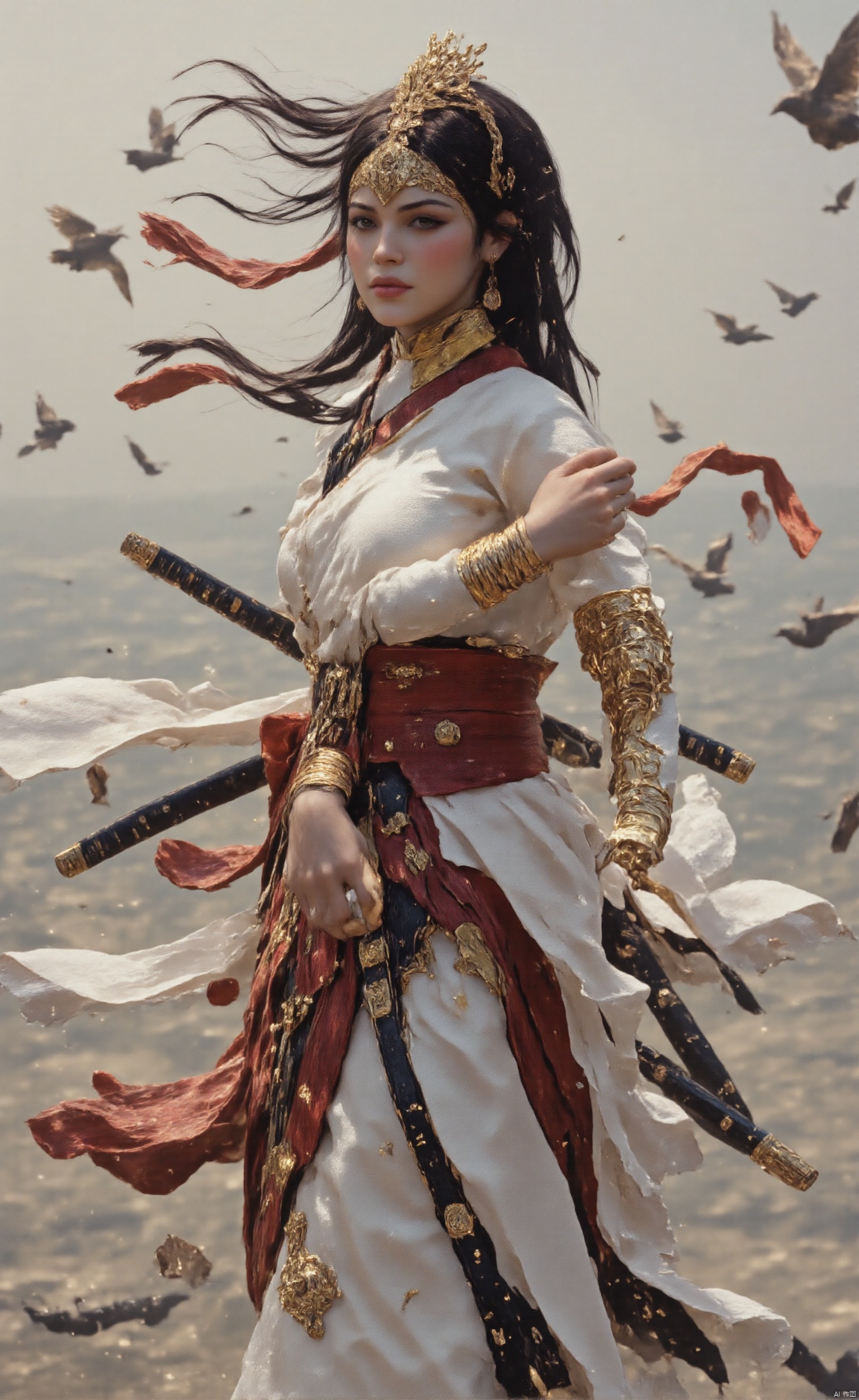 hair ornament, 1girl, solo, long hair, long sleeves, hanfu, earrings, necklace A woman stands on a beach, her long black hair flowing in the wind. She is dressed in a traditional white robe with red accents, holding a sword in one hand and a red ribbon in the other. The waves crash against the shore, and a few birds can be seen flying overhead. Her posture suggests she is ready for action or perhaps contemplating something deeply chinese ink painting, motion blur, film, bokeh, professional, wide angle, natural shadow, intricate, aesthetic, subsurface scattering, dynamic angle,light depth,large natural breast,soft breasts,ddw,Samurai draws swords,SKNTXTR,,IN THE STYLE OF FF-SSF,